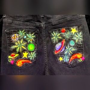 Forever 21 black skinny jeans/ Custom painted space scenes on the with glitter.
